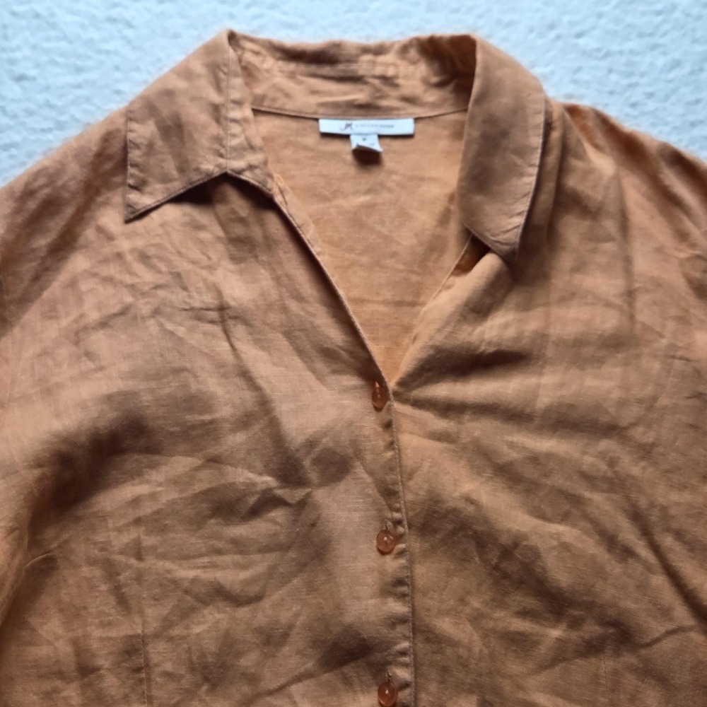 JM Collection Blouse Womens 16 Orange Collared 3/4 Roll Tab Linen Button Top